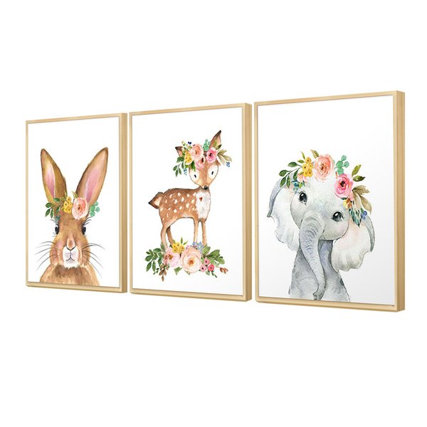 Trio de Quadros Minimalistas Animais Quarto de Bebê flores delicado