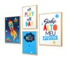 Kit 4 Quadros Espaço Sideral Azul Quarto Menino