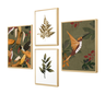 kit4 quadros decorativos animais beija flor folhagens estilo boho