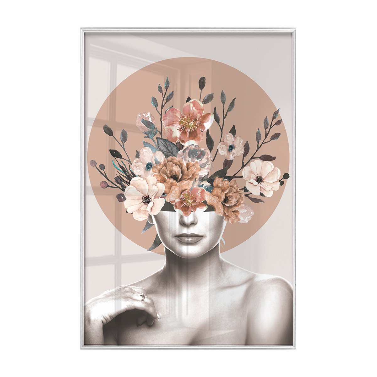 Quadro Com Vidro Decorativo Femino Rosa Mulher Abstrato Flores